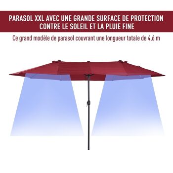 Parasol de jardin XXL parasol grande taille 4,6L x 2,7l x 2,4H m ouverture fermeture manivelle acier polyester haute densité bordeaux 4