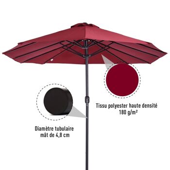 Parasol de jardin XXL parasol grande taille 4,6L x 2,7l x 2,4H m ouverture fermeture manivelle acier polyester haute densité bordeaux 5