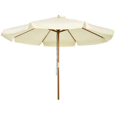 Large straight round garden parasol Ø 3.25 x 2.5 H m beige polyester bamboo wood