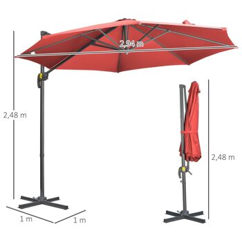 Parasol déporté octogonal inclinable manivelle avec pied en acier Ø 2,94 x 2,48H m rouge 3