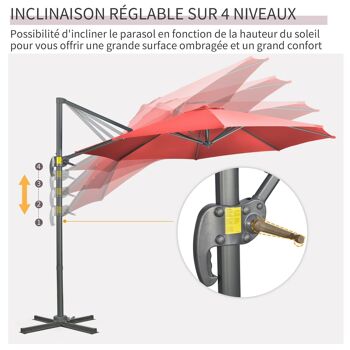 Parasol déporté octogonal inclinable manivelle avec pied en acier Ø 2,94 x 2,48H m rouge 5