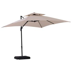 Parasol déporté carré double toit inclinable pivotant manivelle lestage inclus dim. 2,7L x 2,7l x 2,6H m acier polyester beige