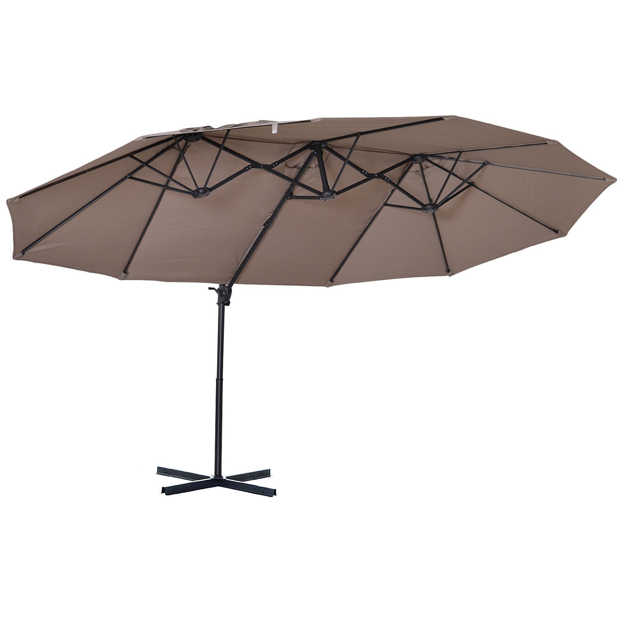Parasol voladizo tamaño grande XXL medidas 4.4L x 2.7W x 2.5H m base de acero incluida poliéster marrón