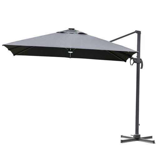 Parasol déporté carré parasol LED inclinable pivotant 360° manivelle piètement acier dim. 3L x 3l x 2,66H m