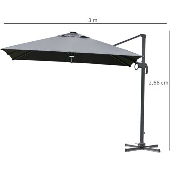 Parasol déporté carré parasol LED inclinable pivotant 360° manivelle piètement acier dim. 3L x 3l x 2,66H m 3