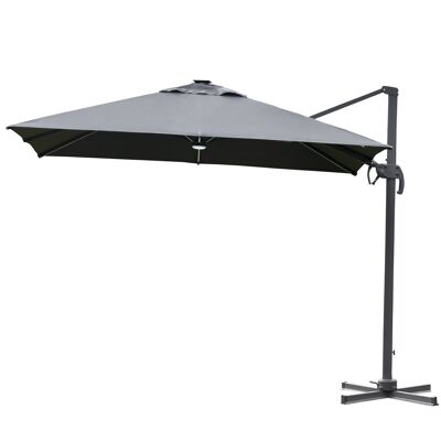 Square cantilever parasol LED parasol tilting 360° swivel crank steel base dim. 3L x 3W x 2.66H m gray