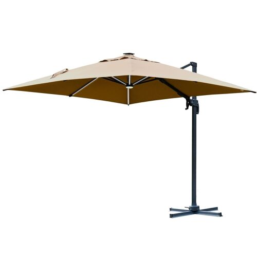 Parasol déporté carré parasol LED inclinable pivotant 360° manivelle piètement acier dim. 3L x 3l x 2,66H m beige