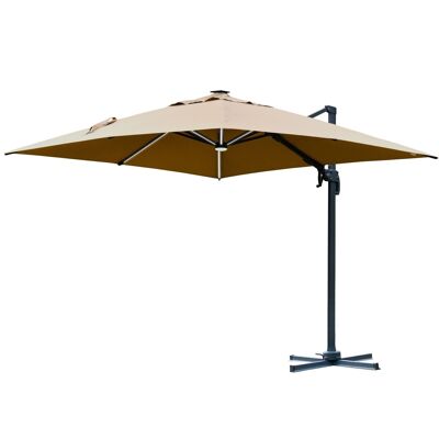 Square cantilever parasol LED parasol tilting 360° swivel crank steel base dim. 3L x 3W x 2.66H m beige