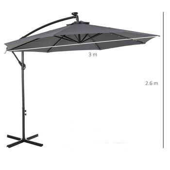 Parasol déporté octogonal parasol LED inclinable manivelle piètement acier dim. Ø 3 x 2,6H m gris 3