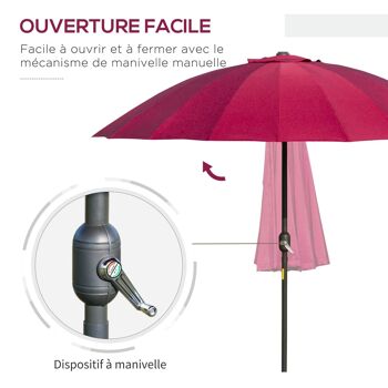 Parasol inclinable rond avec manivelle métal fibre de verre Ø 2,55 m polyester haute densité bordeaux 5