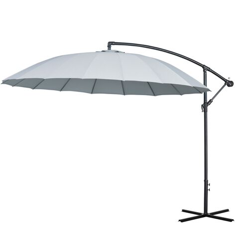 Parasol déporté rond inclinable manivelle piètement mât métal. dim. Ø 2,96 x 2,6H m polyester haute densité gris