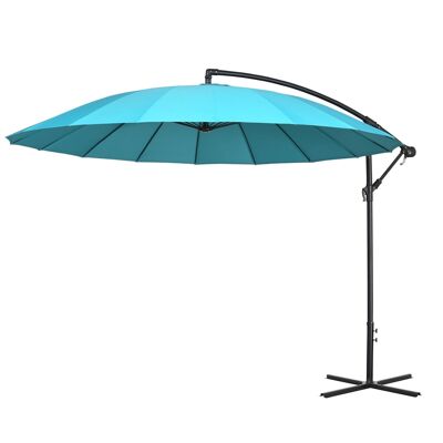 Parasol déporté rond inclinable manivelle piètement mât métal. dim. Ø 2,96 x 2,6H m polyester haute densité bleu ciel