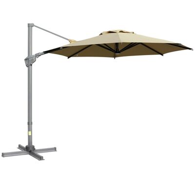 Parasol déporté octogonal inclinable pivotant 360° manivelle dim. 3L x 3l x 2,5H m alu. acier époxy polyester kaki