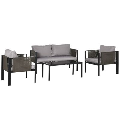 Garden furniture set 4 people 4 pieces 7 cushions included black steel gray polyester