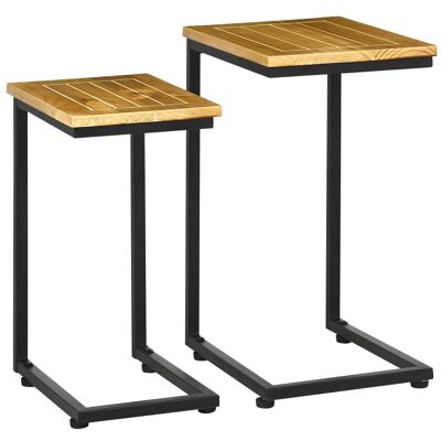 Set of 2 nesting garden coffee tables - black epoxy metal structure, pre-oiled pine wood top