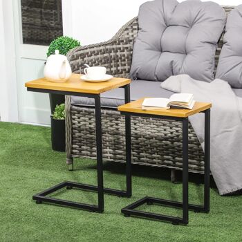 Lot de 2 tables basses gigognes de jardin - structure métal époxy noir plateau bois pin pré-huilé 2