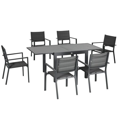 Ensemble de jardin 6 personnes chaises empilables table extensible 90/180L cm alu. textilène gris