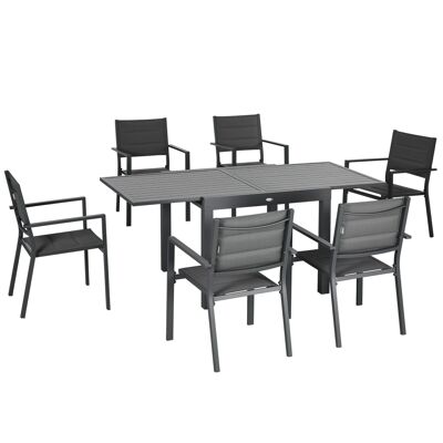 Conjunto de jardín 6 personas sillas apilables mesa extensible 90/180L cm alu. textileno gris