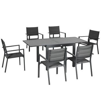 Ensemble de jardin 6 personnes chaises empilables table extensible 90/180L cm alu. textilène gris 1