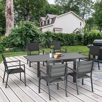 Ensemble de jardin 6 personnes chaises empilables table extensible 90/180L cm alu. textilène gris 2