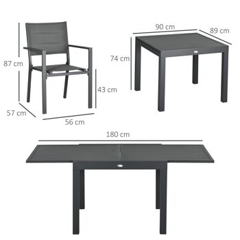 Ensemble de jardin 6 personnes chaises empilables table extensible 90/180L cm alu. textilène gris 3