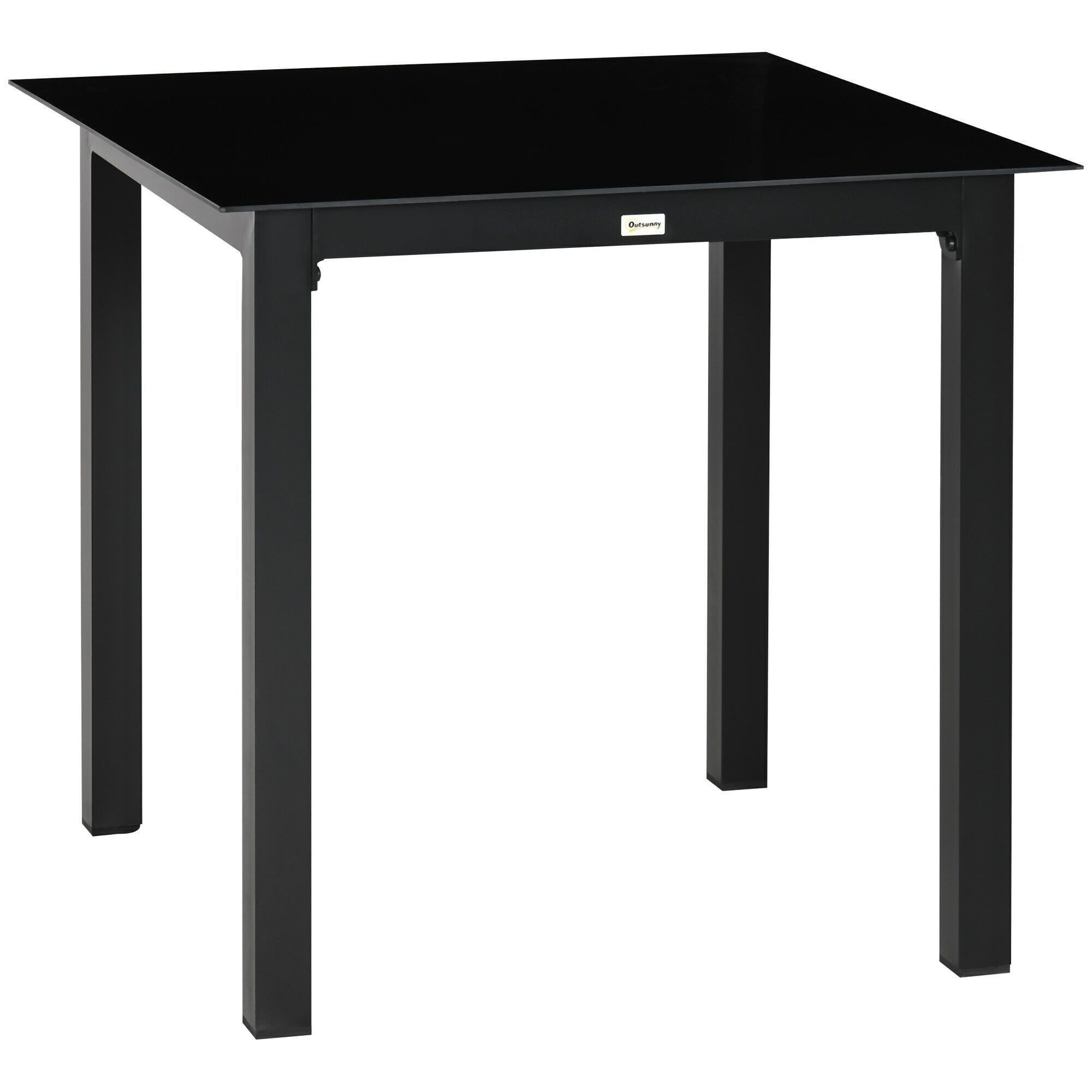 Tavolo da giardino quadrato per 4 persone dim.80L x 80L x 74H cm in alluminio. piano in vetro temperato nero