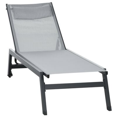 5-position reclining deckchair sunlounger - headrest, 2 wheels - aluminium. gray textilene