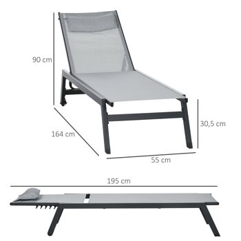 Bain de soleil transat inclinable 5 positions - tétière, 2 roulettes - alu. textilène gris 3