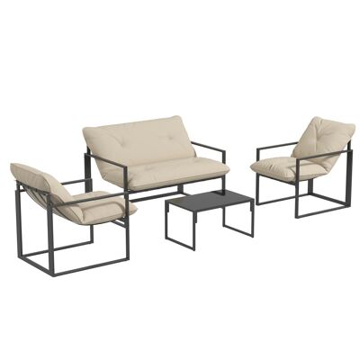 Garden furniture set for 4 people - 4 pieces, 3 cushions - black epoxy steel, beige polyester