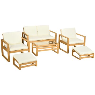 Wooden garden furniture for 4 people 6 pieces 10 cushions included fir tree color teak wood polyester cream
