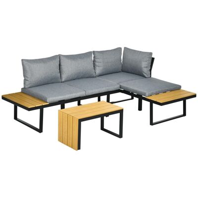 Modulare Eckgartenmöbel mit Couchtisch aus Aluminium, 5 Plätze, 3 Stück, 8 Kissen inklusive, grau