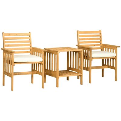 3-teiliges Gartenmöbel-Set für 2 Personen mit 2 cremefarbenen Polyester-Kissen aus vorgeöltem Tannenholz