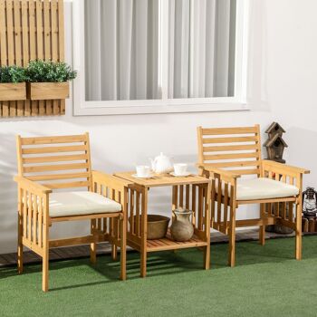 Ensemble salon de jardin 2 personnes 3 pièces avec 2 coussins sapin pré-huilé polyester crème 2