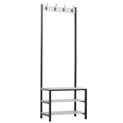 Appendiabiti da ingresso per guardaroba Dim. 60L x 40L x 175H cm 3 ripiani 4 ganci appendiabiti doppio gancio MDF legno chiaro acciaio nero