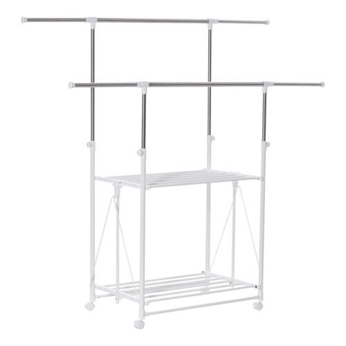 Séchoir à linge étendoir à vêtements pliable réglable - double barre de penderie, rack séchage, étagère chaussures - roulettes acier inox. métal PP blanc