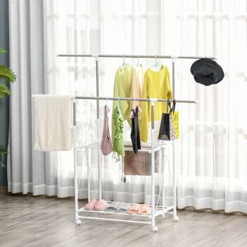 Séchoir à linge étendoir à vêtements pliable réglable - double barre de penderie, rack séchage, étagère chaussures - roulettes acier inox. métal PP blanc 2