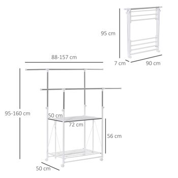 Séchoir à linge étendoir à vêtements pliable réglable - double barre de penderie, rack séchage, étagère chaussures - roulettes acier inox. métal PP blanc 3