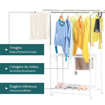 Séchoir à linge étendoir à vêtements pliable réglable - double barre de penderie, rack séchage, étagère chaussures - roulettes acier inox. métal PP blanc 5