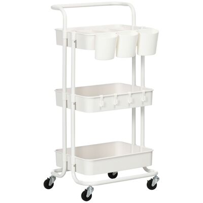 Kitchen trolley - 3 shelves with edges - 4 hooks, 3 hanging pots - white ABS steel