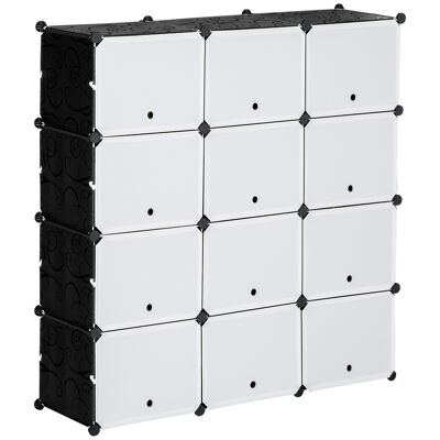 Armario de almacenamiento - zapatero modular 12 compartimentos con puertas y estantes - Dimensiones 125L x 32W x 125H cm - PP negro blanco