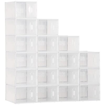 Juego de 18 cubos modulares para guardar zapatos con puertas transparentes - tamaño 25L x 35W x 19H cm - PP blanco transparente