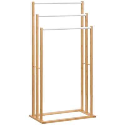 Freestanding 3-bar towel rack - size 48L x 25W x 94H cm - wood bamboo white steel