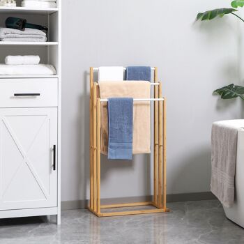 Porte-serviette autoportant 3 barres - dim. 48L x 25l x 94H cm - bois bambou acier blanc 2