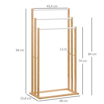 Porte-serviette autoportant 3 barres - dim. 48L x 25l x 94H cm - bois bambou acier blanc 3