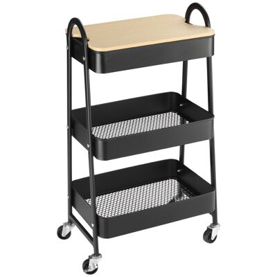 Kitchen trolley industrial design service trolley 3 shelves removable tray light wood look black steel