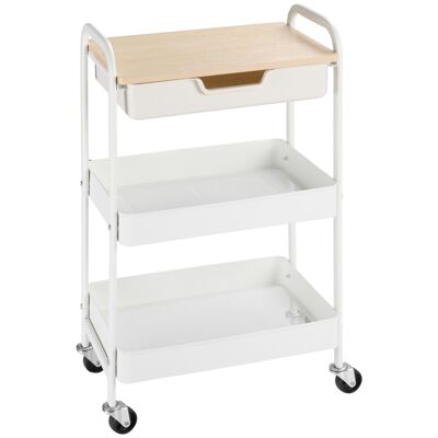 Kitchen trolley service trolley 2 shelves drawer tray light wood look white PP steel