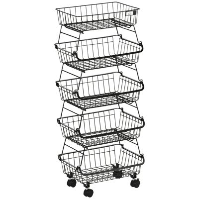 Fruit basket 5 levels - kitchen trolley on wheels - removable stackable baskets - black steel