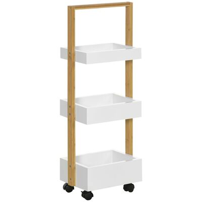 Serving trolley with 3 white MDF compartments, varnished bamboo wood structure