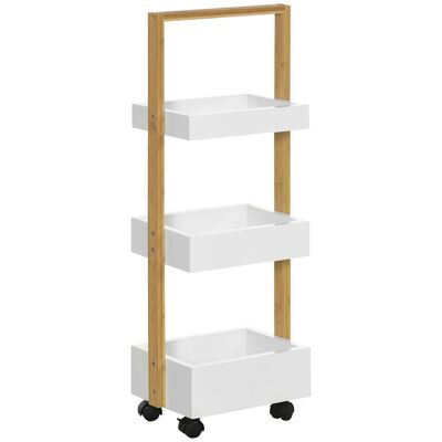 Desserte chariot de service 3 compartiments MDF blanc structure bois de bambou verni