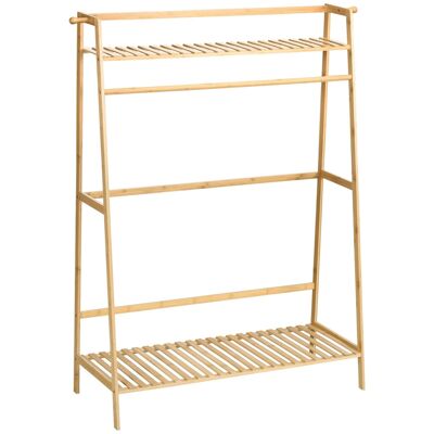 Wardrobe clothes rack - 2 shelves, 2 hooks, suspension bar - varnished bamboo